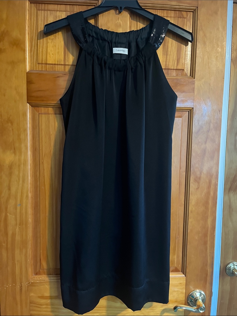 Calvin Klein Black Halter Shift Dress with Sequin-Trimmed Neckline